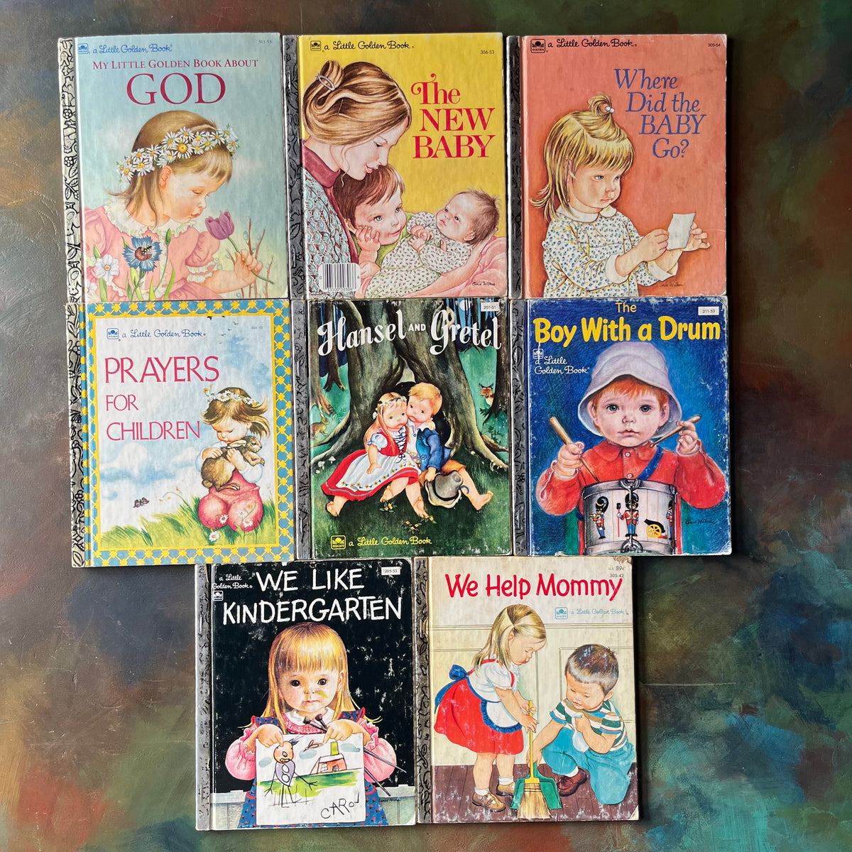 A Little Golden Book Set of 8 picture books with Illustrations by Eloise Wilkin-A Boy with a Drum-We Like Kindergarten-We Help Mommy-Hansel & Gretel-Where Did the Baby Go-The New Baby-My Little Golden Book About God, Prayers for Children-vintage picture books for children-view of the front covers