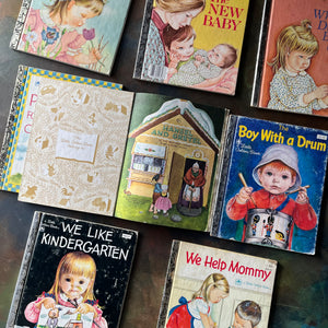 A Little Golden Book Set of 8 picture books with Illustrations by Eloise Wilkin-A Boy with a Drum-We Like Kindergarten-We Help Mommy-Hansel & Gretel-Where Did the Baby Go-The New Baby-My Little Golden Book About God, Prayers for Children-vintage picture books for children-view of the inside cover & Title page of Hansel & Gretel