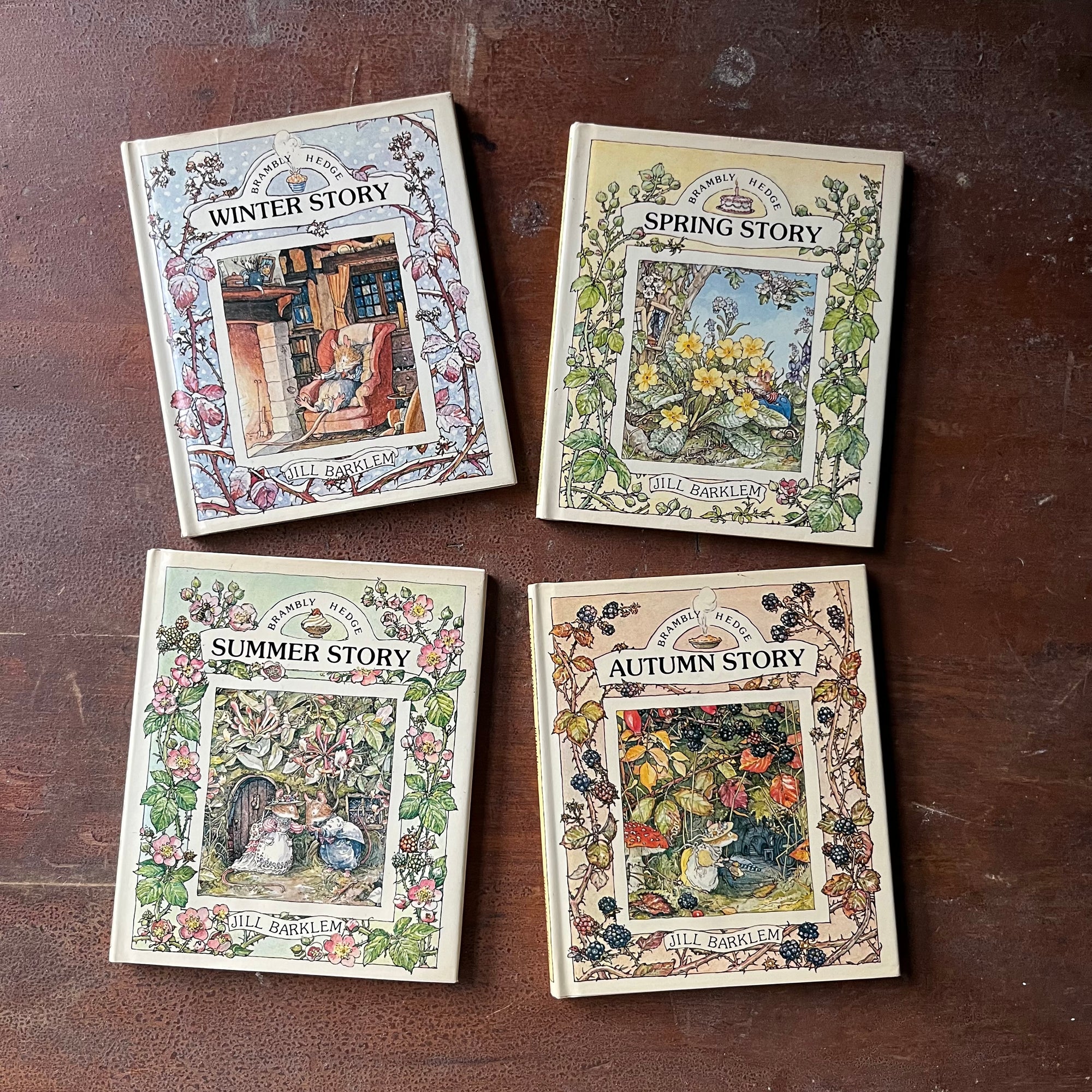 vintage children's short stories, vintage picture books - A Year in Brambly Hedge Book Set stories and illustrations by Jill Barklem-Spring Story, Summer Story, Autumn Story & Winter Story - view of the dust jackets front covers