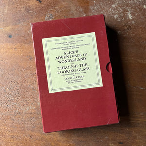 Classic English Literature, vintage children's chapter books, children's book box set - Alice's Adventures in Wonderland and Through the Looking Glass Box Set published by Alfred A. Knopf 1984 - view of the side of the box sleeve