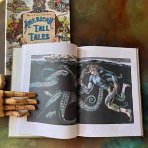 American Tall Tales written by Mary Osborne Pope with wood engravings by Michael McCurdy-American Folktales-folktales for children-colorful illustrations-homeschool library must-have-view of the full-color illustrations from the wood engravings of Michael McCurdy