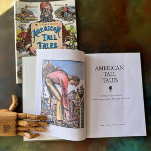 American Tall Tales written by Mary Osborne Pope with wood engravings by Michael McCurdy-American Folktales-folktales for children-colorful illustrations-homeschool library must-have-view of the title page with frontispiece