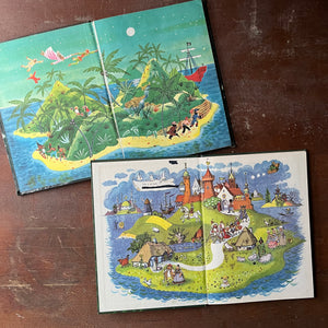 vintage children's picture books in large format:  Peter Pan adapted by Phoebe Wilson with Illustrations by Ruth Wood & Andersen's Fairy Tales Retold by Rose Dobbs with Illustrations by Gustav Hjortlund - view of their inside covers both with illustrations of islands from each book