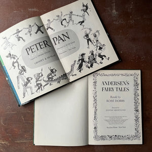 vintage children's picture books in large format:  Peter Pan adapted by Phoebe Wilson with Illustrations by Ruth Wood & Andersen's Fairy Tales Retold by Rose Dobbs with Illustrations by Gustav Hjortlund - view of their title pages