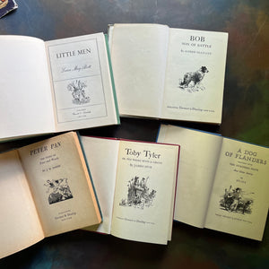 Antique Companion Library Books-Little Men-Bob Son of Battle-RARE Peter Pan-The Story of Peter & Wendy-Toby Tyler-A Dog of Flanders-view of the title pages