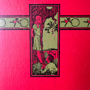 antique book set in red and green - Classic American Literature Book Set Written by Louisa May Alcott - Little Women, Little Men, Jo's Boys, Eight Cousins, Rose in Bloom and An Old-Fashioned Girl - cover art by Anna Bond - closeup view of the image on the front covers - a girl leaning against a tree with a boy at her feet