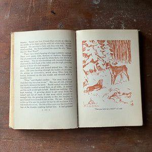 vintage children's chapter book, classic literature - Bambi written By Felix Salten with illustrations by Kurt Weise 1931 Edition - view of the full-page illustration in orange and white