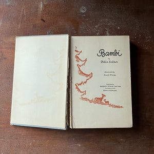 vintage children's chapter book, classic literature - Bambi written By Felix Salten with illustrations by Kurt Weise 1931 Edition - view of the title page - note the crack spine