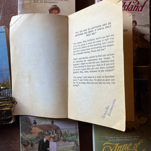 vintage children's chapter books - Bantam Books Editions of Anne of Green Gables Book Set written by L.M. Montgomery - view of the inside cover of Anne of Green Gables - note the name written in ink