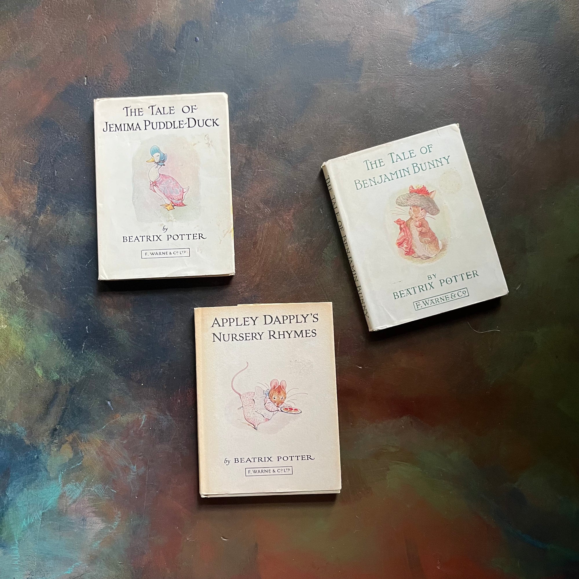 Beatrix Potter Book Set-A Tale of Benjamin Bunny-Appley Dapply's Nursery Rhymes-The Tale of Jemima Puddle Duck-vintage children's storybooks-view of the dust jacket's front covers