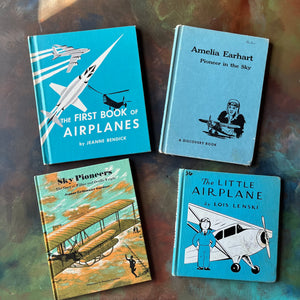 Set of Four Beginner Reader & Picture Books About Airplanes-The Little Airplane by Lois Lenski, Amelia Earhart Pioneer of the Sky, Sky Pioneers The Story of Wilbur & Orville Wright, & The First Book of Airplanes-view of the front covers