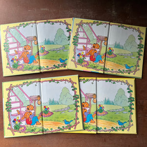 vintage children's picture books - Berenstain Bears Cub Club Book Set - The Hiccup Cure, Perfect Fishing Spot, All Year Round & Colors by Stan & Jan Berenstain - view of the inside covers