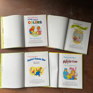 vintage children's picture books - Berenstain Bears Cub Club Book Set - The Hiccup Cure, Perfect Fishing Spot, All Year Round & Colors by Stan & Jan Berenstain - view of the title pages