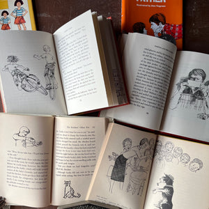 vintage children's chapter books, weekly reader children's book club books - Set of Four Books Written by Beverly Cleary:  Ramona Forever, Ramona & Her Father, Socks & Ribsy - view of a sample of the illustrations in each book