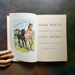 Black Beauty written  by Anna Sewell with illustrations by Walter Seaton-junior deluxe editions book club book-classic children's book-view of the title page & frontispiece