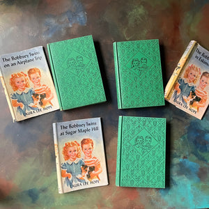 Bobbsey Twins Mysteries Three Books Set with Dust Jackets-Laura Lee Hope-vintage children's chapter books-young reader mysteries-view of the green front covers