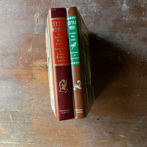 Children's Classics Book Set-Little Women with illustrations by Jessie Wilcox Smith & Little Men with illustrations by Troy Howell, both written by Louisa May Alcott-classic American Literature-vintage chapter books-view of the spines