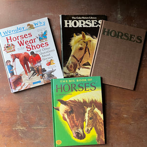 vintage horse books, vintage children's picture books, Children's Horse Book Set-The Color Nature Library Horses, The Big Book of Horses & I Wonder Why Horses Wear Shoes - view of the front covers