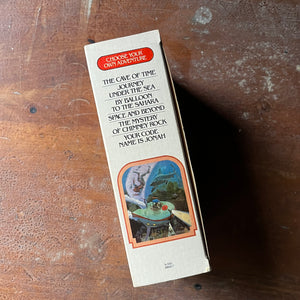 vintage children's chapter books, nostalgic books from the 1980's, 1980's childhood - Choose Your Own Adventure Box Set Volumes 1 - 6:  The Cave of Time, Journey under The Sea, By Balloon to the Saraha, Space and Beyond, The Mystery of Chimney Rock and Your Code Name is Jonah - view of the back of the box set sleeve