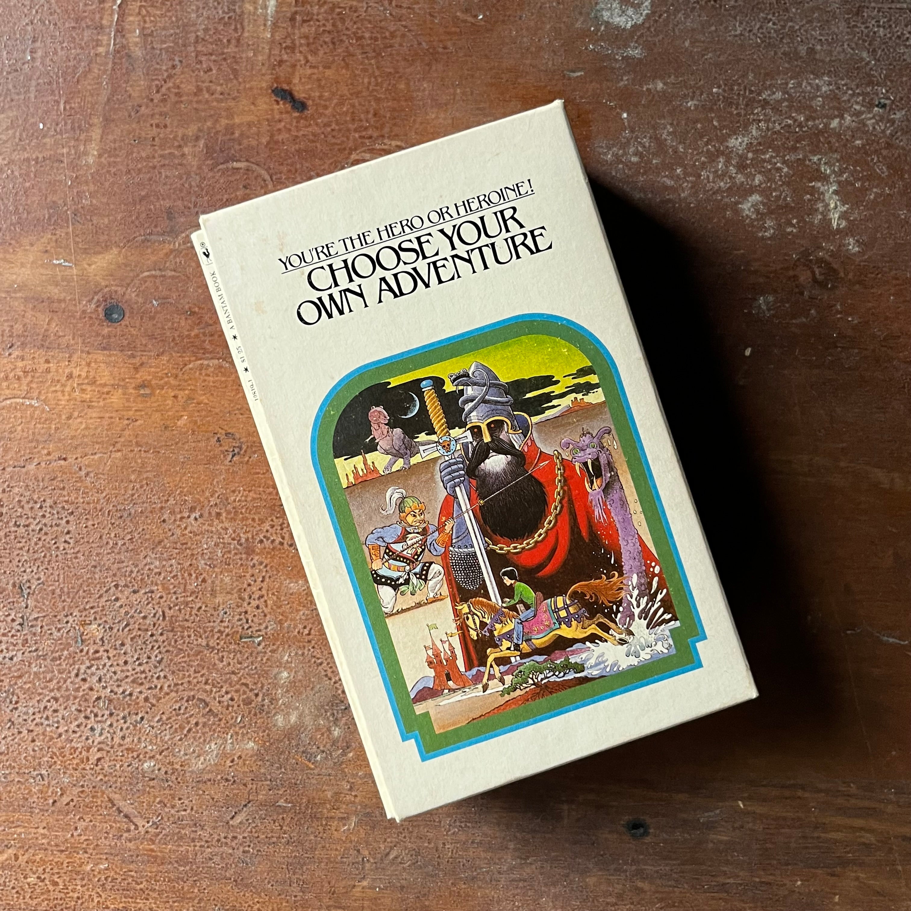 vintage children's chapter books, nostalgic books from the 1980's, 1980's childhood - Choose Your Own Adventure Box Set Volumes 1 - 6:  The Cave of Time, Journey under The Sea, By Balloon to the Saraha, Space and Beyond, The Mystery of Chimney Rock and Your Code Name is Jonah - view of one side of the box sleeve