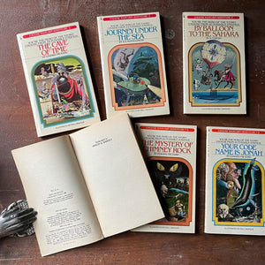 vintage children's chapter books, nostalgic books from the 1980's, 1980's childhood - Choose Your Own Adventure Box Set Volumes 1 - 6:  The Cave of Time, Journey under The Sea, By Balloon to the Saraha, Space and Beyond, The Mystery of Chimney Rock and Your Code Name is Jonah - view of the copyright  for Space and Beyond