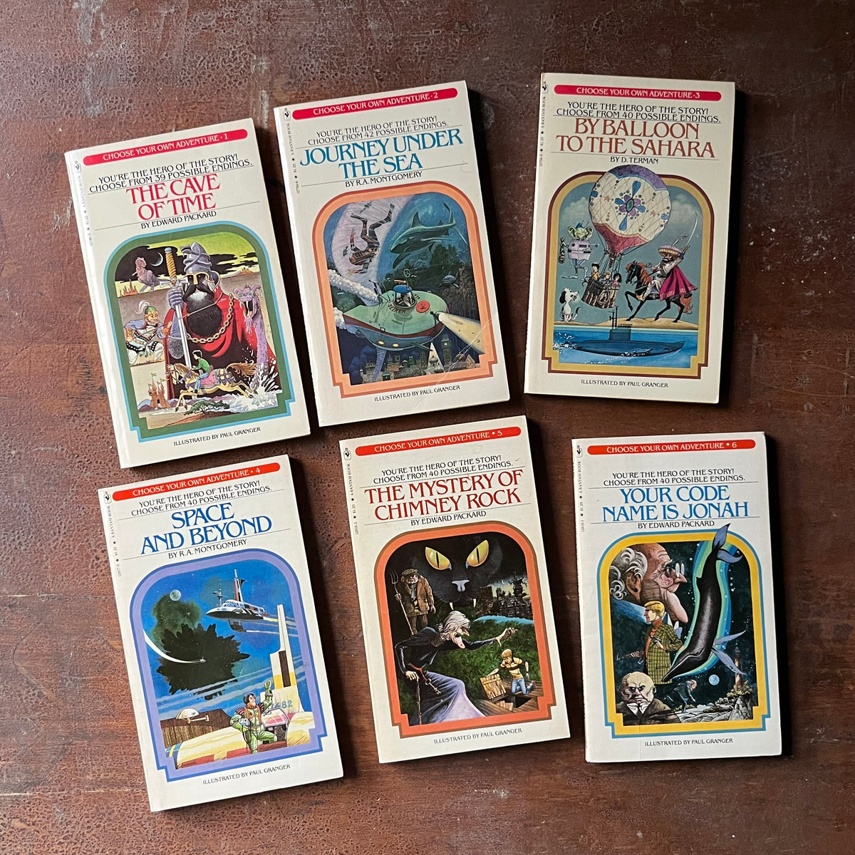 vintage children's chapter books, nostalgic books from the 1980's, 1980's childhood - Choose Your Own Adventure Box Set Volumes 1 - 6:  The Cave of Time, Journey under The Sea, By Balloon to the Saraha, Space and Beyond, The Mystery of Chimney Rock and Your Code Name is Jonah - view of the front covers