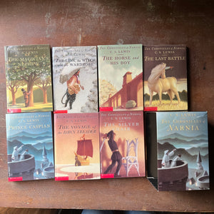 vintage children’s books, children’s books, chapter books, Scholastic box set – The Chronicles of Narnia Complete Box Set written by C. S. Lewis with Illustrations by Pauline Baynes - view of the front covers