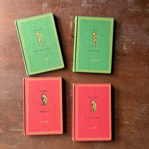 Classic A. A. Milne Book Set-When We Were Very Young, Now We Are Six, Winnie the Pooh, and The House at Pooh Corner written by A. A. Milne with illustrations by Ernest H. Shepard - view of the embossed front covers - the first two in green & the second two in red - all four books have gold colored accents