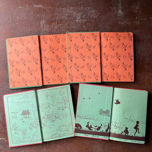 Classic A. A. Milne Book Set-When We Were Very Young, Now We Are Six, Winnie the Pooh, and The House at Pooh Corner written by A. A. Milne with illustrations by Ernest H. Shepard - view of the inside covers - two in orange designs and two in green & brown designs