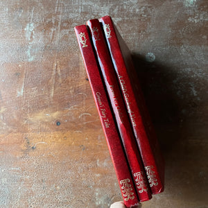 Collection of Avenel Books Editions-A Child's Garden of Verses, Poems for Children by Eugene Fields, and Grimm's Fairy Tales-vintage children's books-view of the spines in red & gold