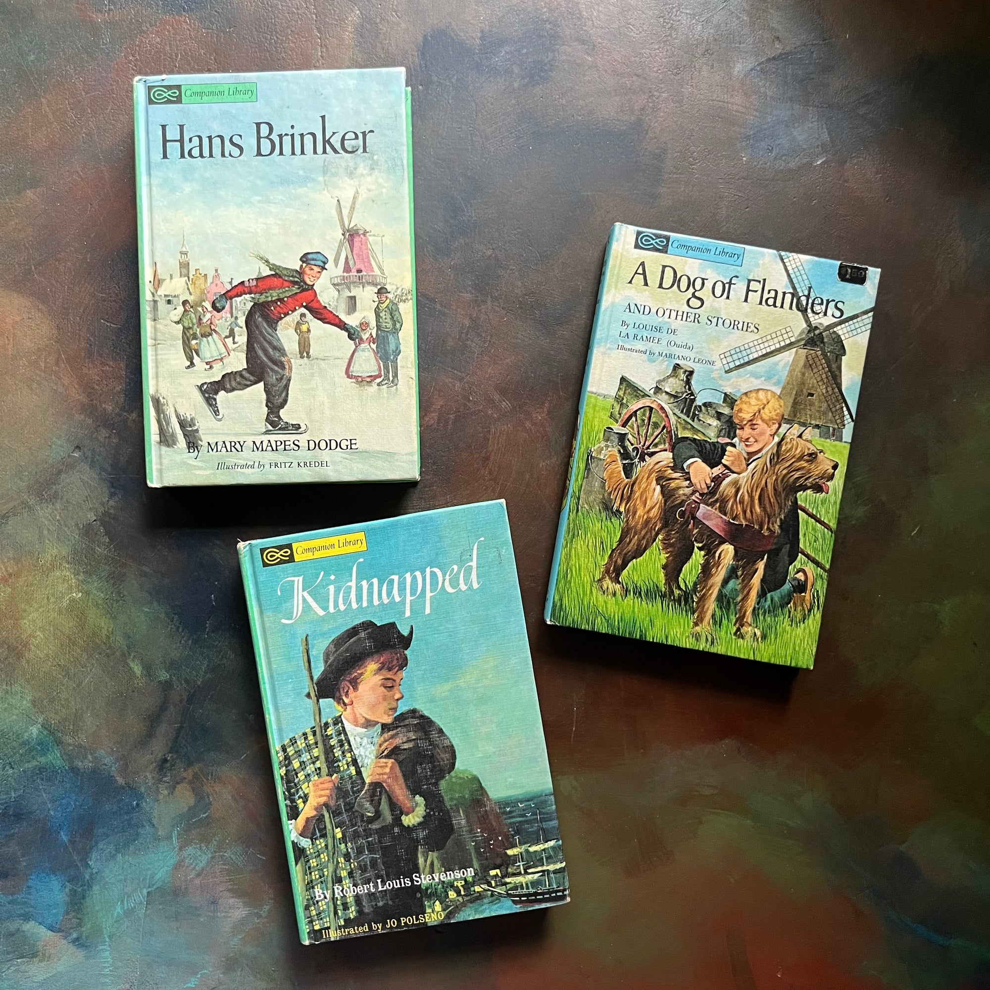 Companion Library Book Set-Kidnapped by Robert Louis Stevenson-Hans Brinker by Mary Mapes Dodge-A Dog of Flanders by Ouida-vintage children's chapter books-view of the front covers