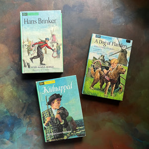 Companion Library Book Set-Kidnapped by Robert Louis Stevenson-Hans Brinker by Mary Mapes Dodge-A Dog of Flanders by Ouida-vintage children's chapter books-view of the front covers