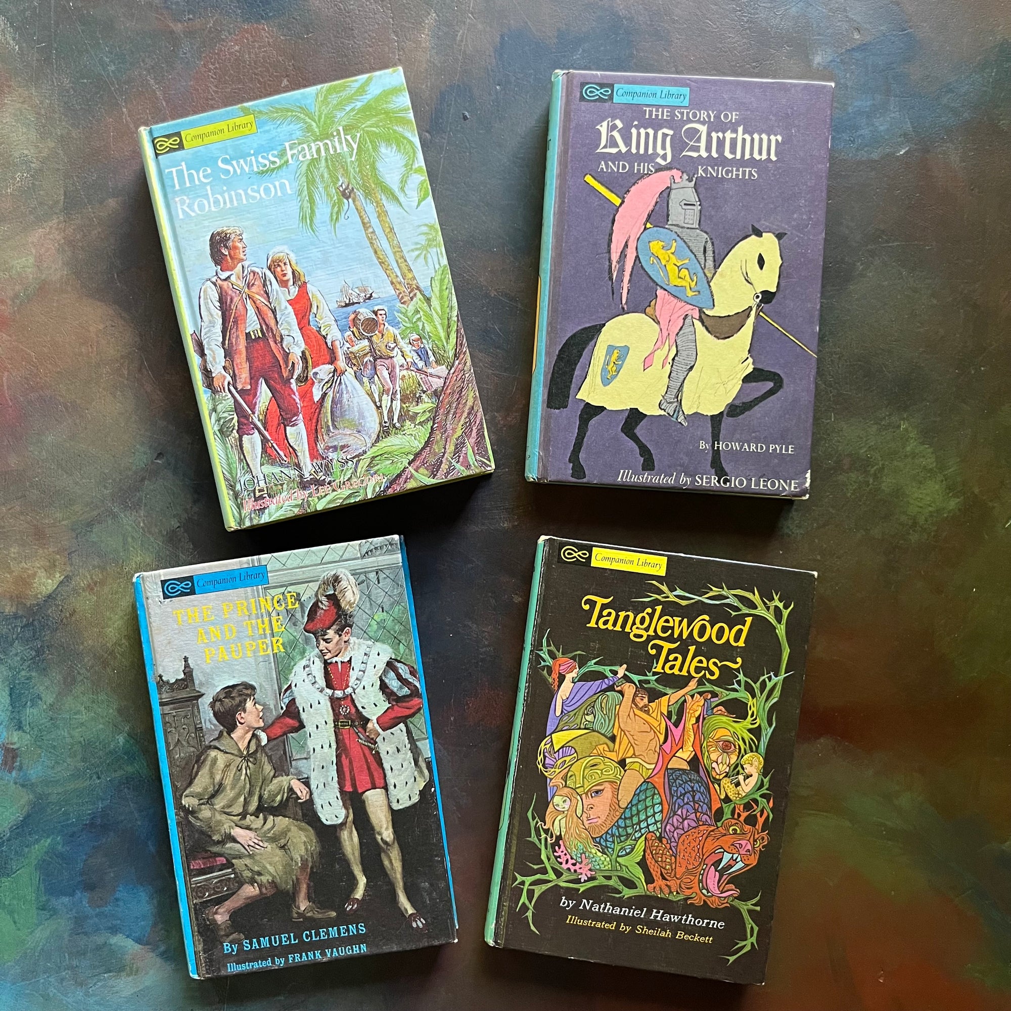 Companion Library Book Set-Tanglewood Tales-The Prince & The Pauper-The Story of King Arthur & His Knights-The Swiss Family Robinson-classic children's books-view of the front covers