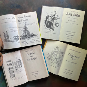 Companion Library Book Set-Tanglewood Tales-The Prince & The Pauper-The Story of King Arthur & His Knights-The Swiss Family Robinson-classic children's books-view of the title pages