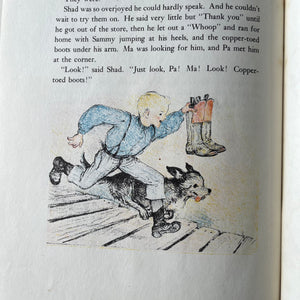 Copper-Toed Boots written & Illustrated by Marguerite de Angeli-1938 Edition with Dust Jacket-Autographed Edition-vintage picture book-view of a closeup of an illustration