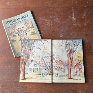 Copper-Toed Boots written & Illustrated by Marguerite de Angeli-1938 Edition with Dust Jacket-Autographed Edition-vintage picture book-view of the inside cover with a detailed illustration of a farm with a young boy standing on the walkway