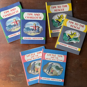 Edward Ardizzone Book Set-Little Tim and the Brave Sea Captain, Tim to the Rescue & Tim and Charlotte-vintage children's picture books-view of the front covers of the book & dust jackets - the covers match the dust jackets