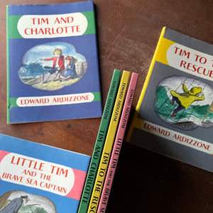 Edward Ardizzone Book Set-Little Tim and the Brave Sea Captain, Tim to the Rescue & Tim and Charlotte-vintage children's picture books-view of the colorful spines in green, yellow & pink