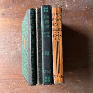 Elson--Gray Basic Readers Vintage School Book Set of 4 Books-view of the spines in black & green & the last one in orange & black