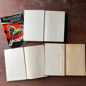 Famous Horse Stories-The Phantom Roan, Chinchfoot & Kentucky Derby Winner-vintage children's chapter books-view of the inside covers - The Phantom Roan has a name written in ink at the top - other two are blank