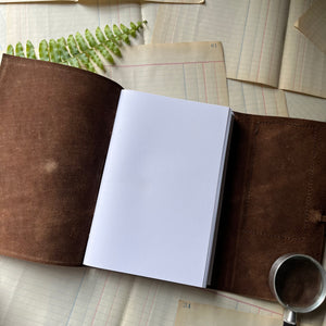 Handmade Leather Journal - guest book, blank journal, nature journal, book journal, gratitude journal - view of the front cover with a stamped fern on suede hand-stitched to the leather cover.  view of the inside of the leather & paper when opened