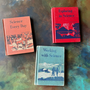 Ginn Our World of Science Book Set-Exploring in Science, Science Everyday, & Working with Science-vintage schoolbooks-view of the front covers