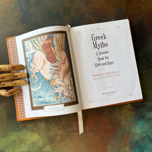 Greek Myths A Wonder Book for Girls and Boys written by Nathaniel Hawthorne with illustrations by Walter Crane-Barnes & Noble Collectible Edition-Leather-bound-mythology for children-view of the title page & frontispiece