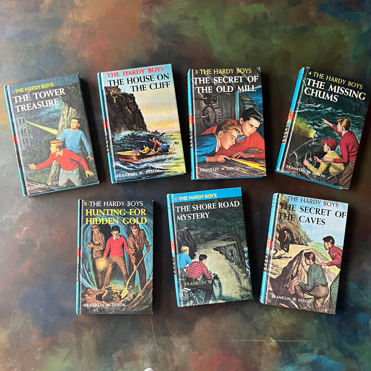 Hardy Boys Mystery Series Starter Set by Franklin W. Dixon-Volumes 1 through 7-vintage chapters books-adventure books for boys-view of the front covers