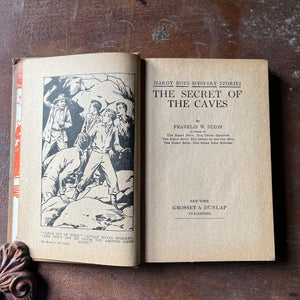 vintage children's chapter book, vintage adventure book for boys, homeschool library, The Hardy Boys Mystery Book - #7  The Hardy Boys and the Secret of the Caves written by Franklin W. Dixon - view of the title page