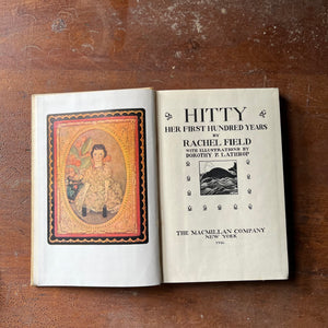 vintage children's chapter book, 1930 Newbery Medal Winner - Hitty Her First Hundred Years written by Rachel Fields with illustrations by Dorothy P. Lathrop - view of the title page