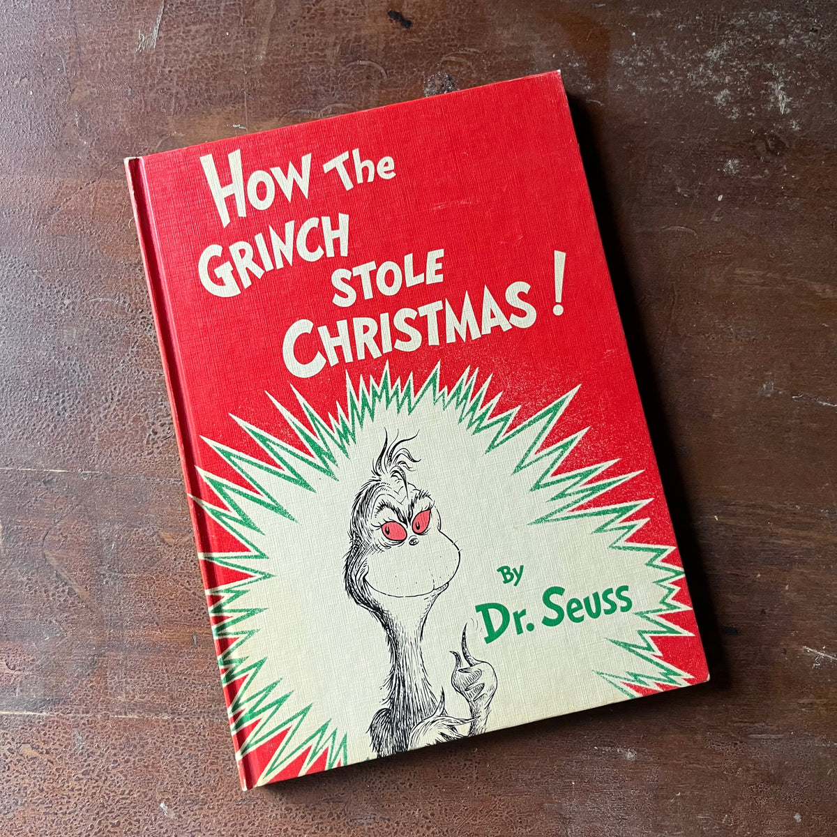 vintage children's picture book, vintage children's Christmas story - How the Grinch Stole Christmas written & illustrated by Dr. Seuss 1957 Edition - view of the front cover