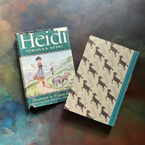 Illustrated Junior Library Editions-Heidi by Johanna Spyri with illustrations by William Sharp-vintage children's classic literature-view of the back cover with the same repeating design as the front