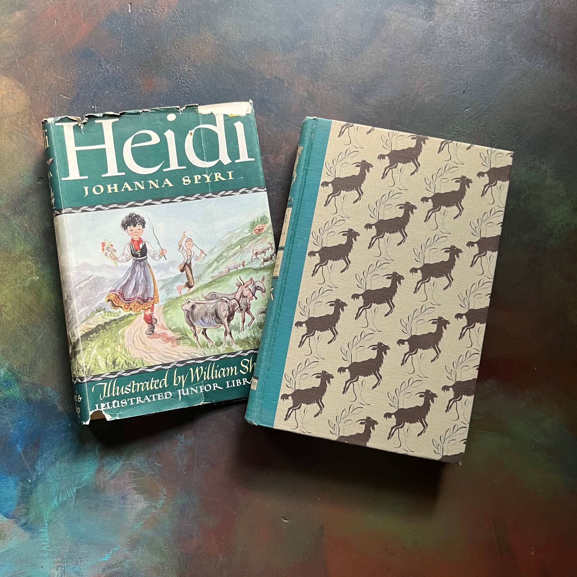 Illustrated Junior Library Editions-Heidi by Johanna Spyri with illustrations by William Sharp-vintage children's classic literature-view of the front cover with a repeating goat pattern shown