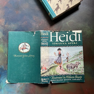 Illustrated Junior Library Editions-Heidi by Johanna Spyri with illustrations by William Sharp-vintage children's classic literature-view of the front & back of the dust jacket showing worn condition